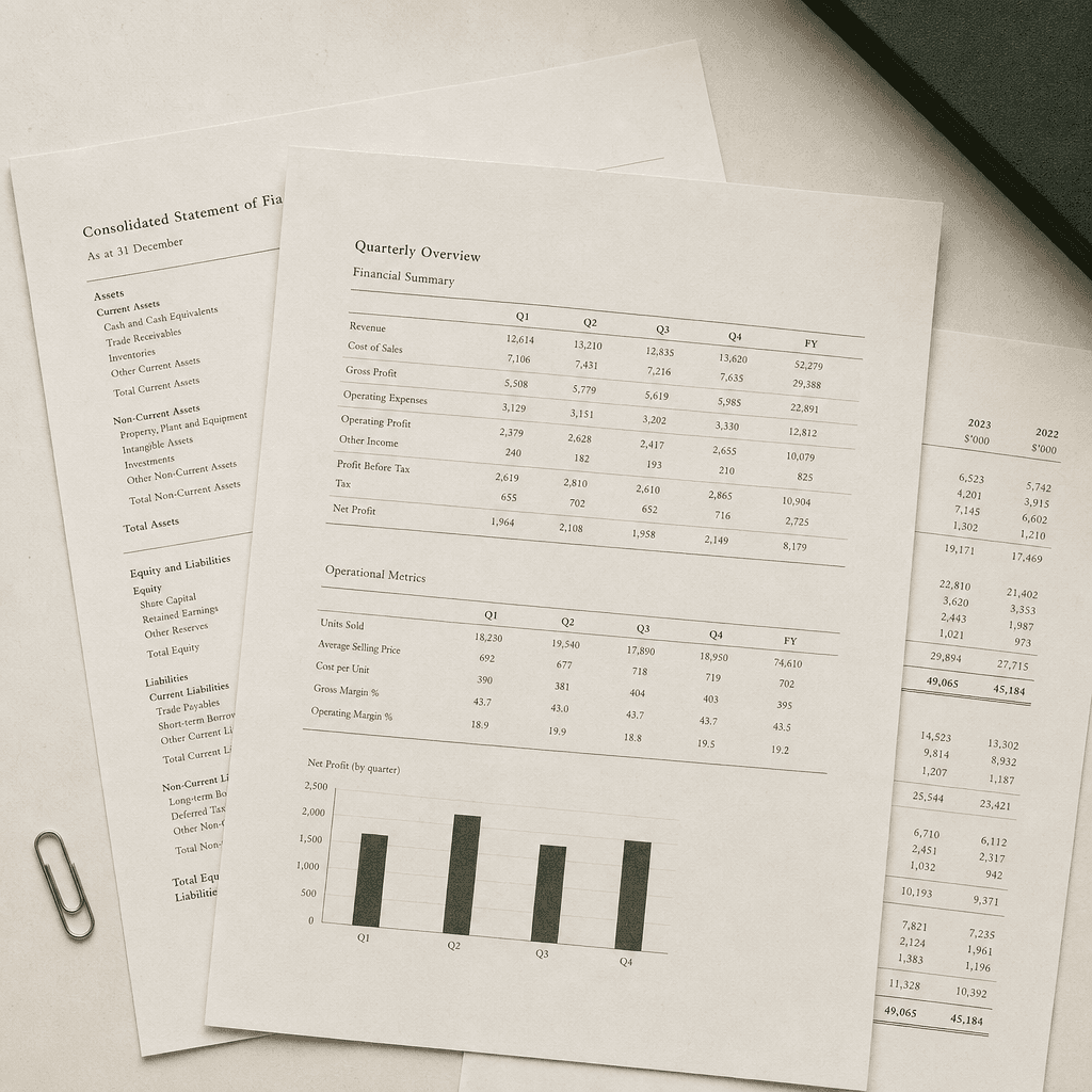 Printed report pages with tables of figures on a desk